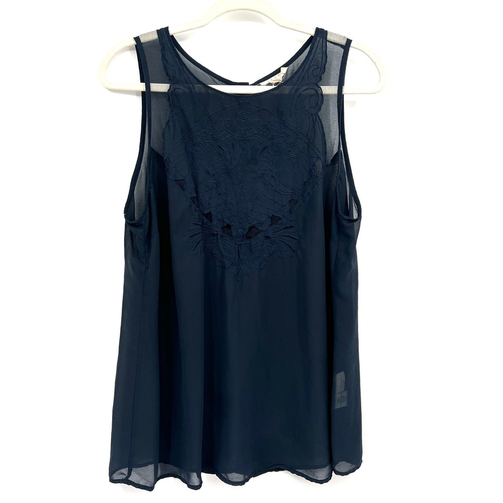 Adiva sheer navy blue embroidered lace tank top whimsigoth fairycore coastal 1X